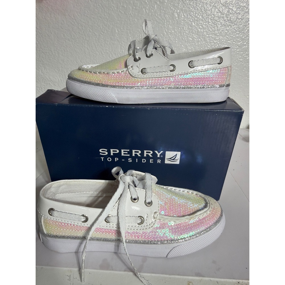 Sperry Top-Sider Kids Iridescent Sequin Boat Shoes White Glitter Sneakers Pink